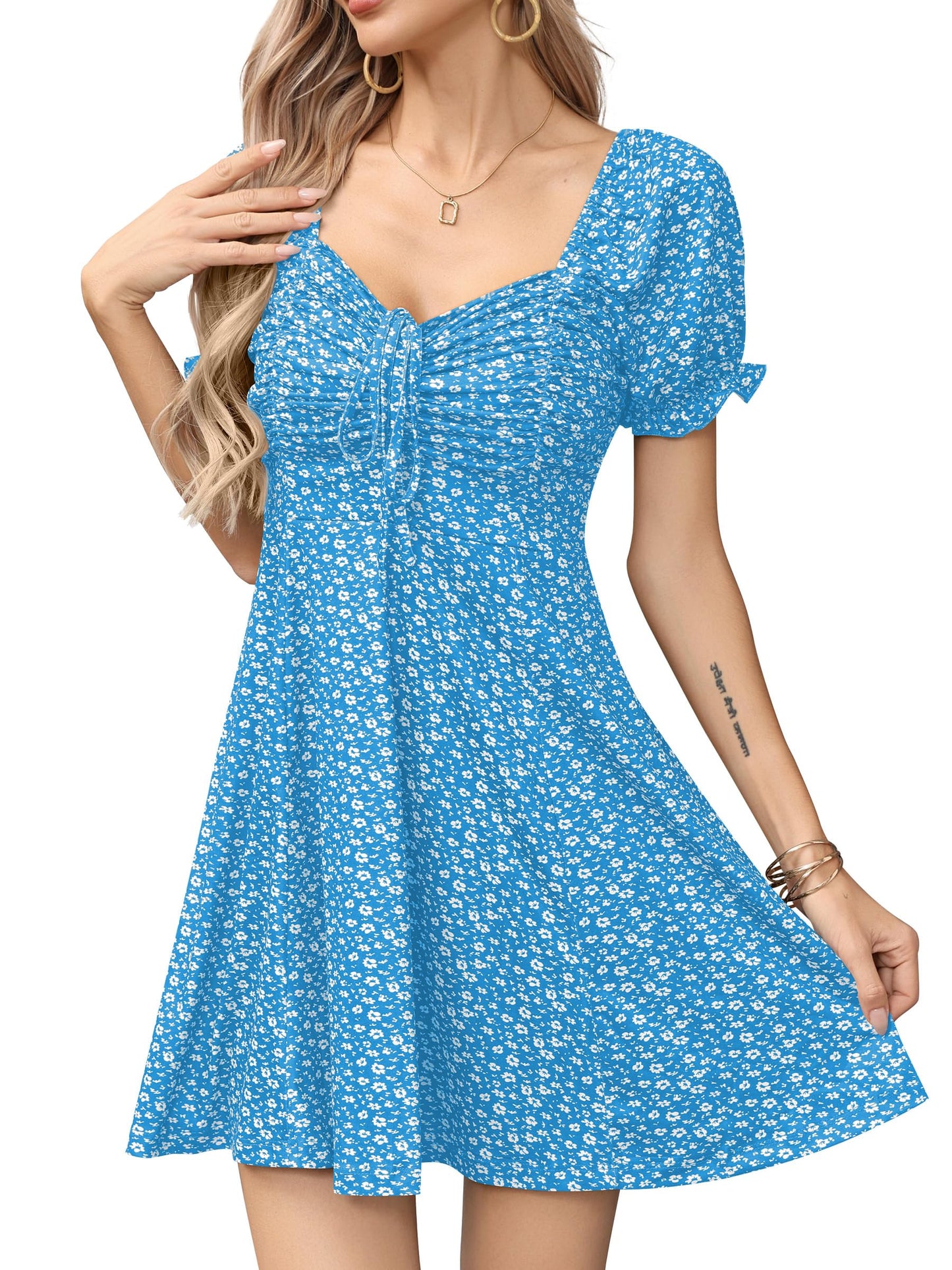 Missufe Women's Puff Short Sleeve Fit and Flare Casual Drawstring Floral Mini Sun Dresses 2025 Summer Vacation