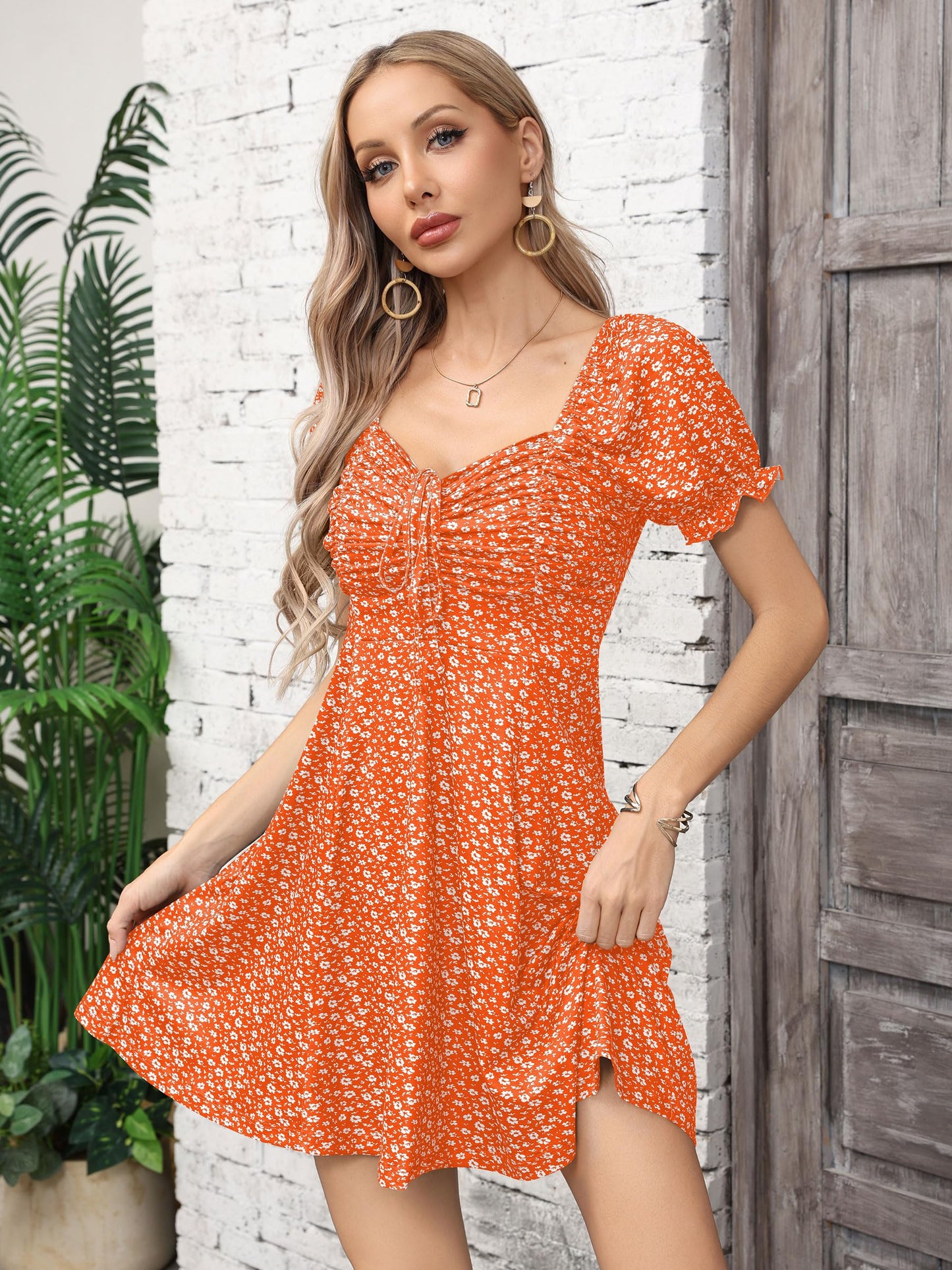 Missufe Women's Puff Short Sleeve Fit and Flare Casual Drawstring Floral Mini Sun Dresses 2025 Summer Vacation