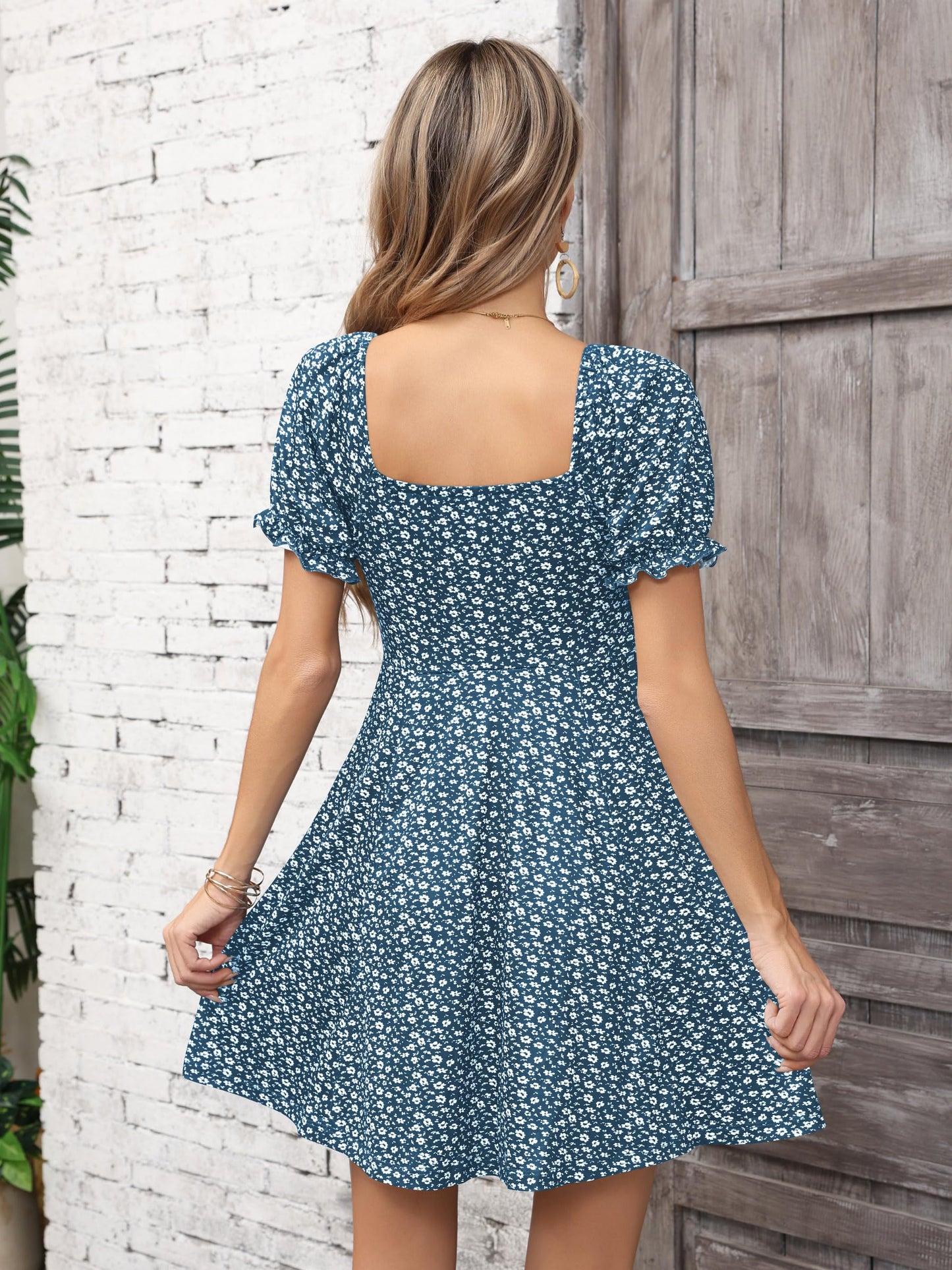 Missufe Women's Puff Short Sleeve Fit and Flare Casual Drawstring Floral Mini Sun Dresses 2025 Summer Vacation