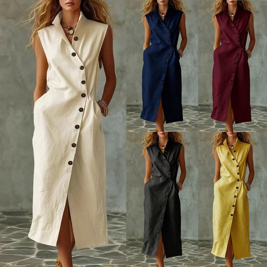 Women's Slim-Fit Sleeveless Stand Collar Pleated Midi Dress