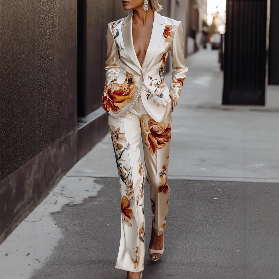 Fashion Printed Satin Long Sleeve Suit Set Two-Piece Set