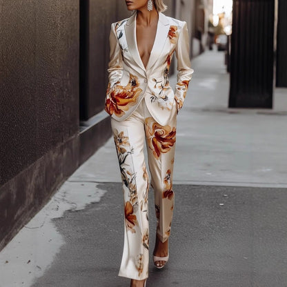 Fashion Printed Satin Long Sleeve Suit Set Two-Piece Set