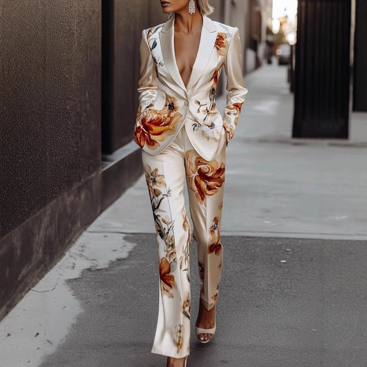 Fashion Printed Satin Long Sleeve Suit Set Two-Piece Set