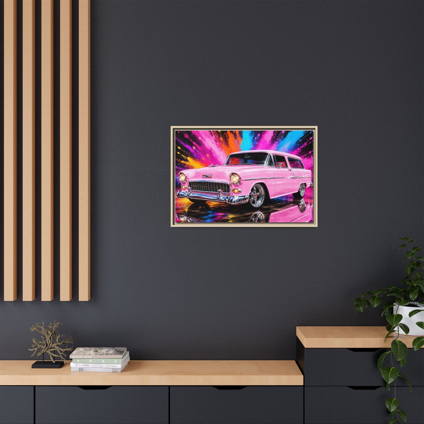 Pink Classic Station Wagon Canvas Print — Retro Car Wall Art, Framed Matte Multi‑Color Splash