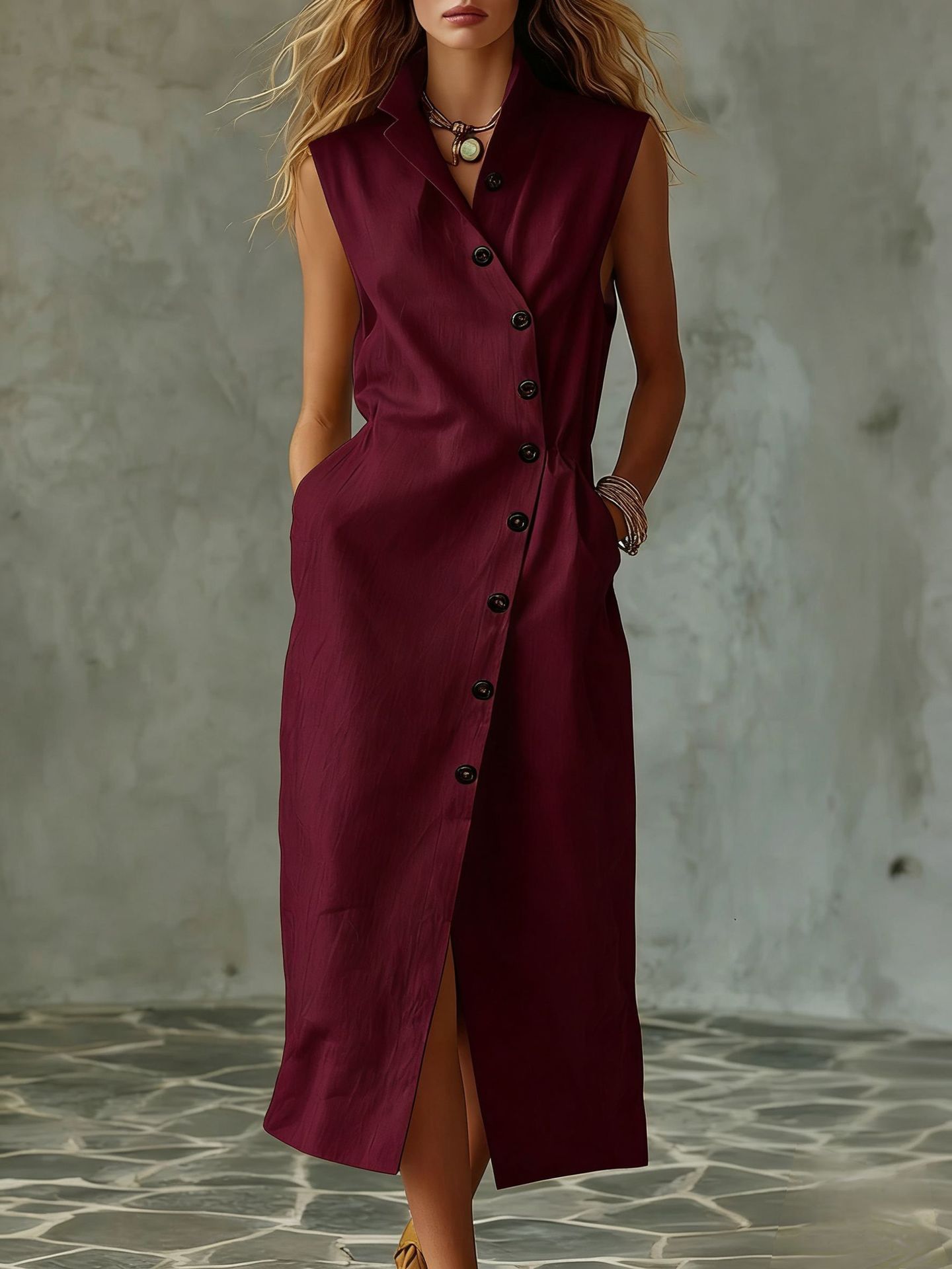 Women's Slim-Fit Sleeveless Stand Collar Pleated Midi Dress