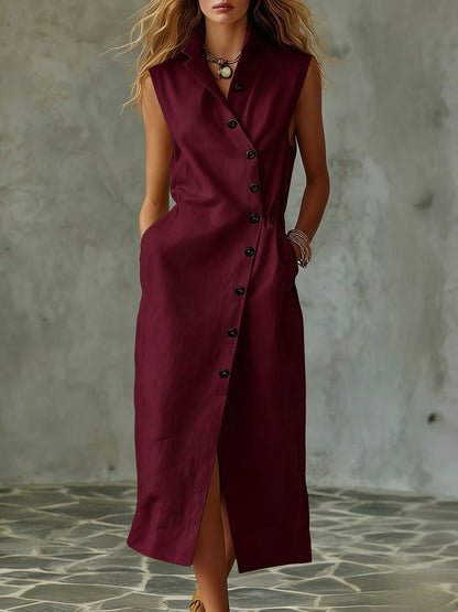 Women's Slim-Fit Sleeveless Stand Collar Pleated Midi Dress
