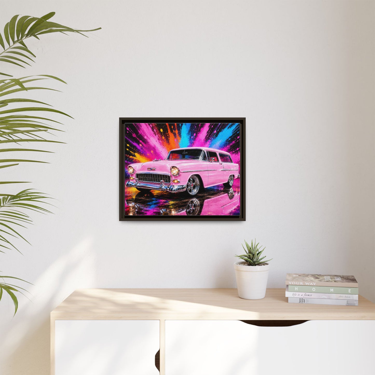 Pink Classic Station Wagon Canvas Print — Retro Car Wall Art, Framed Matte Multi‑Color Splash