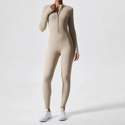 Da Beach Wear Women’s Compression Zip-Up Workout Jumpsuit - Long Sleeve Yoga Bodysuit
