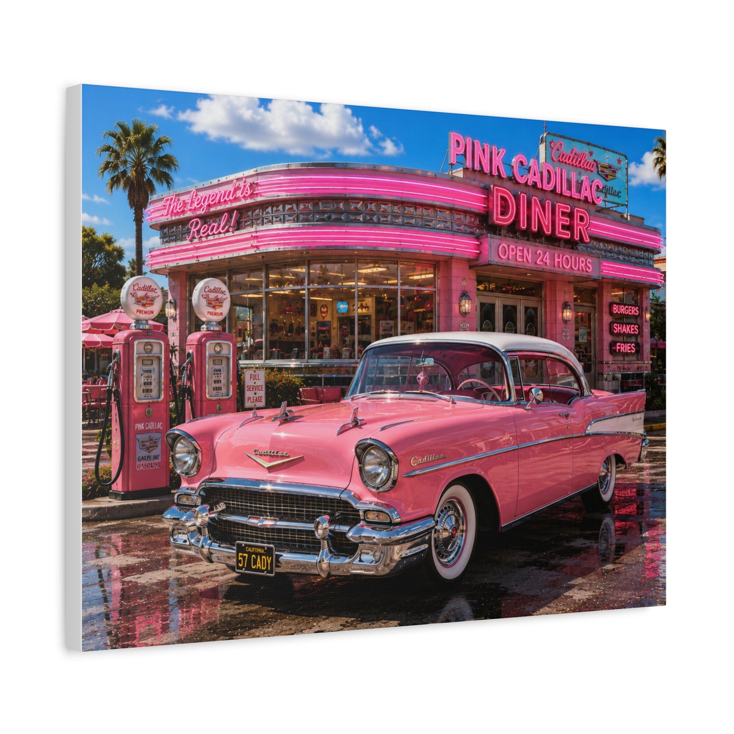 Pink Cadillac Diner Canvas Wall Art — Retro 1950s Car Poster