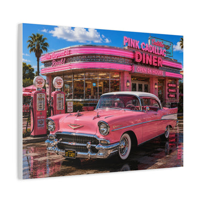 Pink Cadillac Diner Canvas Wall Art — Retro 1950s Car Poster