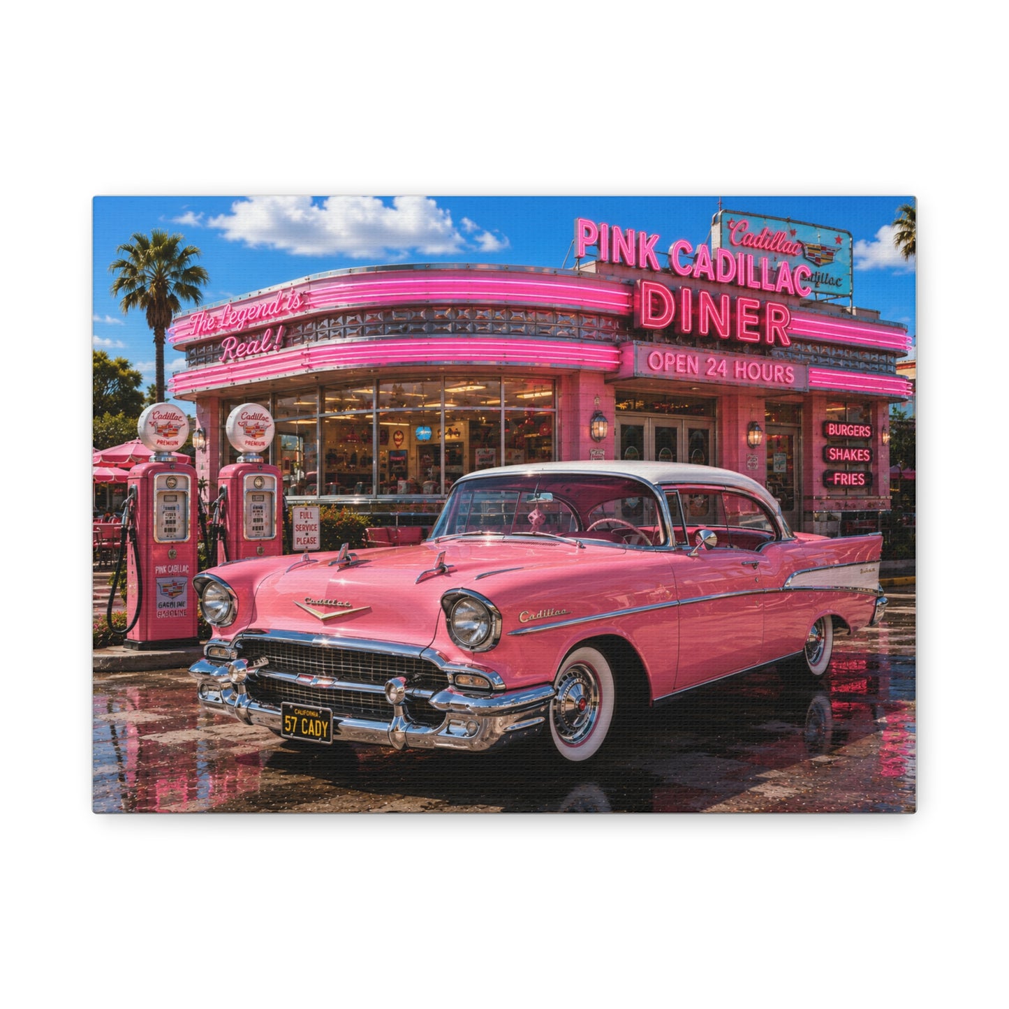 Pink Cadillac Diner Canvas Wall Art — Retro 1950s Car Poster