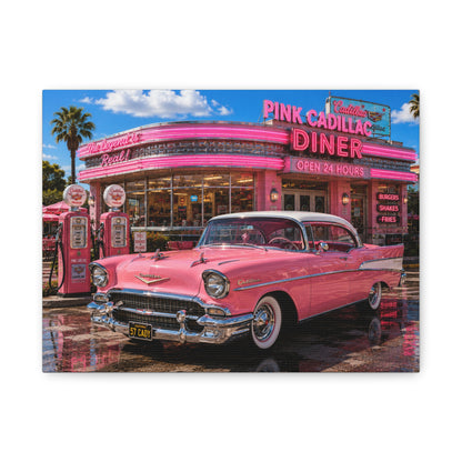 Pink Cadillac Diner Canvas Wall Art — Retro 1950s Car Poster