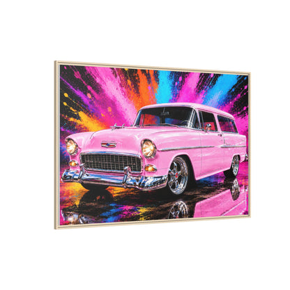 Pink Classic Station Wagon Canvas Print — Retro Car Wall Art, Framed Matte Multi‑Color Splash