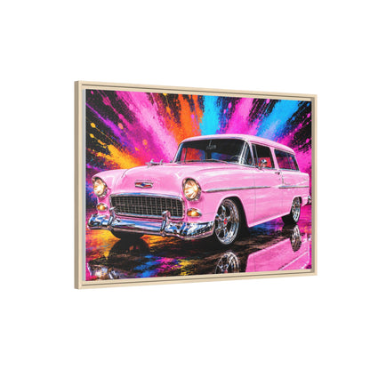 Pink Classic Station Wagon Canvas Print — Retro Car Wall Art, Framed Matte Multi‑Color Splash