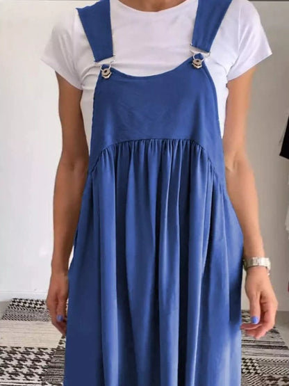Ruched Wide Strap Overall Maxi Dress