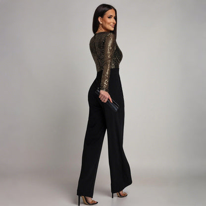 Deep V-sequined long sleeved loose jumpsuit women's clothing