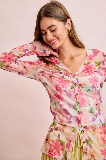 BiBi Floral Shrried Detail Button Up Mesh Cardigan Top