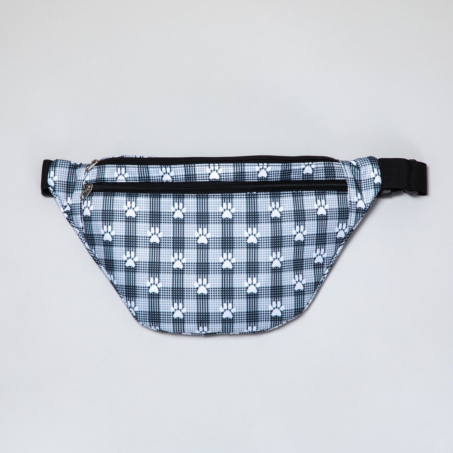 Plaid Paw Print Large Fanny Pack with 3 Zippered Pockets