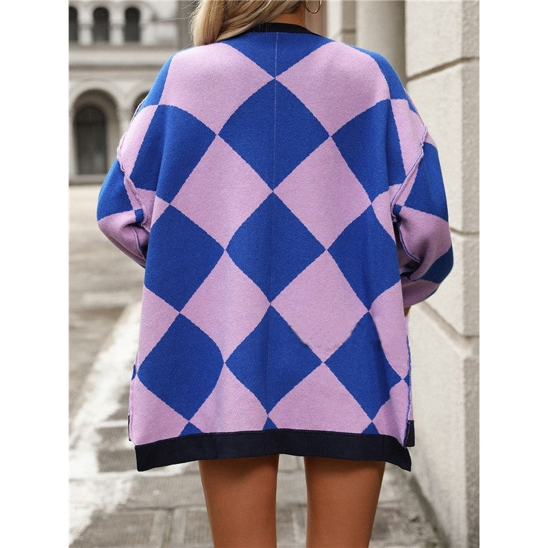 Long Sleeve V-Neck Buttoned Contrast Color Rhombic Knitted Cardigan