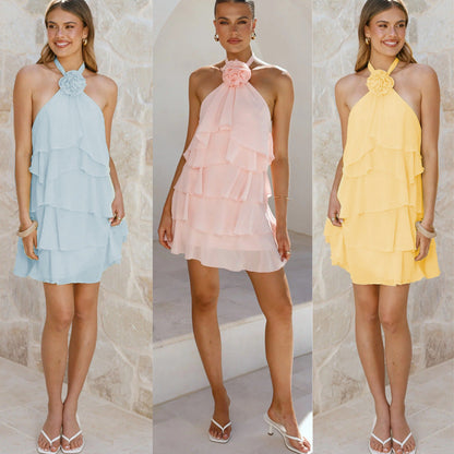 Neck-hanging 3D Floral-decorated Layered Ruffle Dress