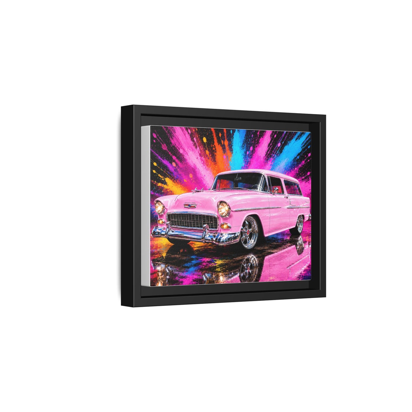 Pink Classic Station Wagon Canvas Print — Retro Car Wall Art, Framed Matte Multi‑Color Splash