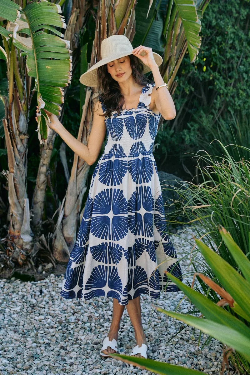 Abstract Print Smocked Bodice Tiered Lined Midi Dress