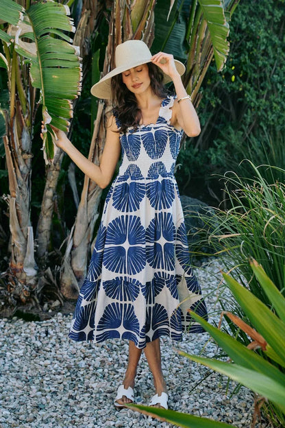 Abstract Print Smocked Bodice Tiered Lined Midi Dress