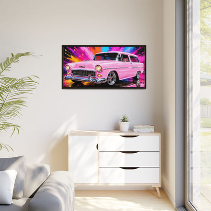 Pink Classic Station Wagon Canvas Print — Retro Car Wall Art, Framed Matte Multi‑Color Splash
