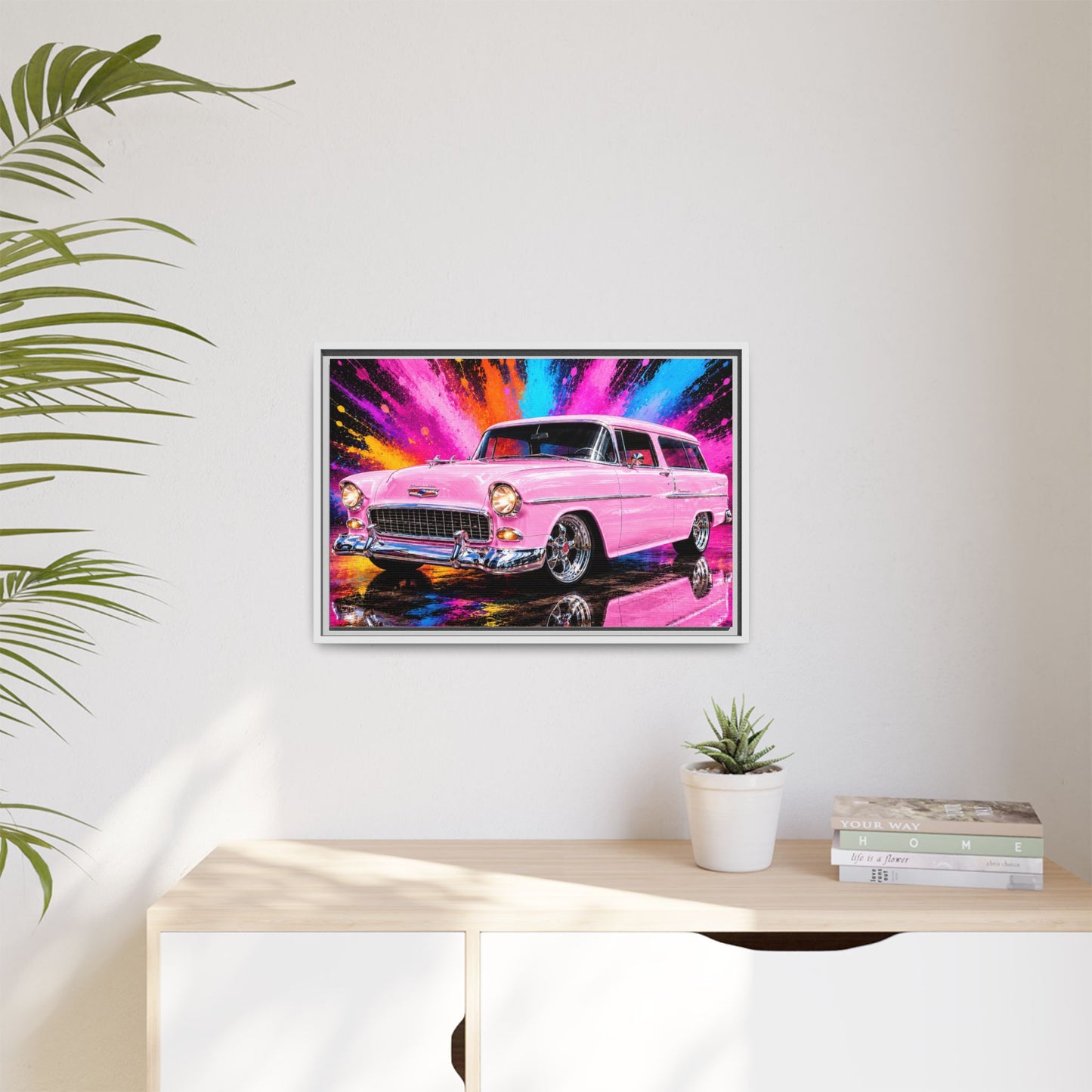 Pink Classic Station Wagon Canvas Print — Retro Car Wall Art, Framed Matte Multi‑Color Splash