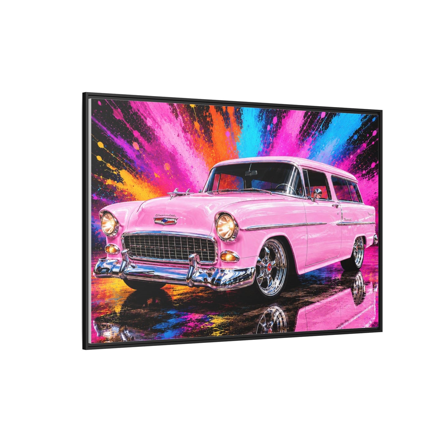 Pink Classic Station Wagon Canvas Print — Retro Car Wall Art, Framed Matte Multi‑Color Splash