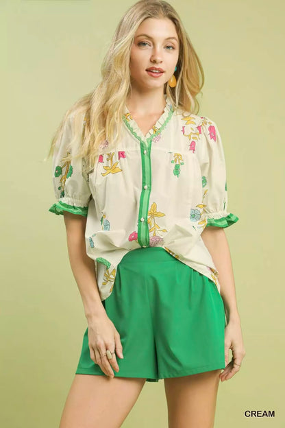 Umgee Petal Parade Print Button-Down Blouse