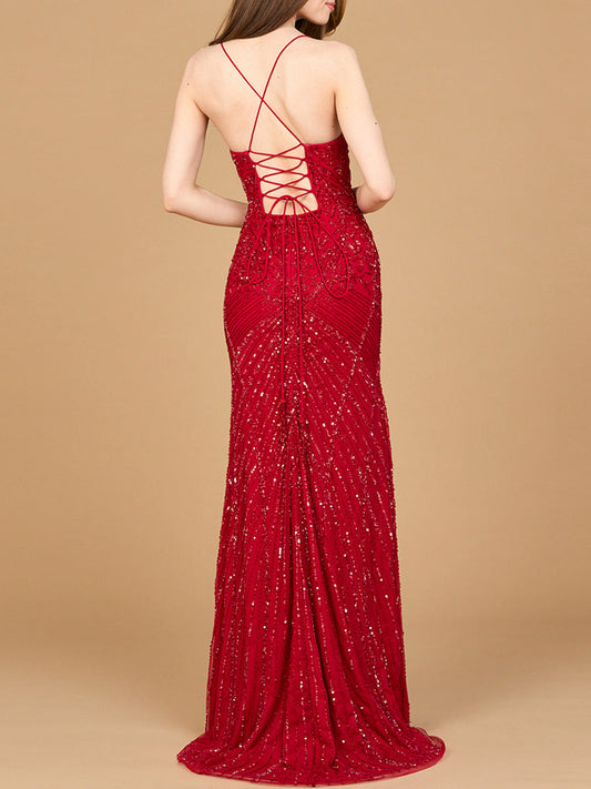 Lace Up Open Back Beaded Dress