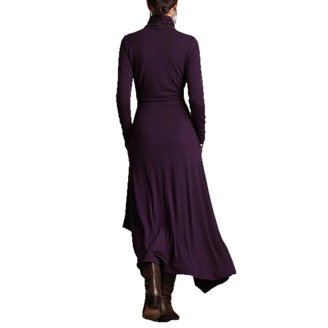 Women's Solid Color Cross-sleeve High-neck Dress