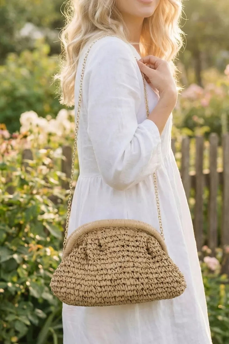 Fame Woven Raffia Frame Shoulder Bag