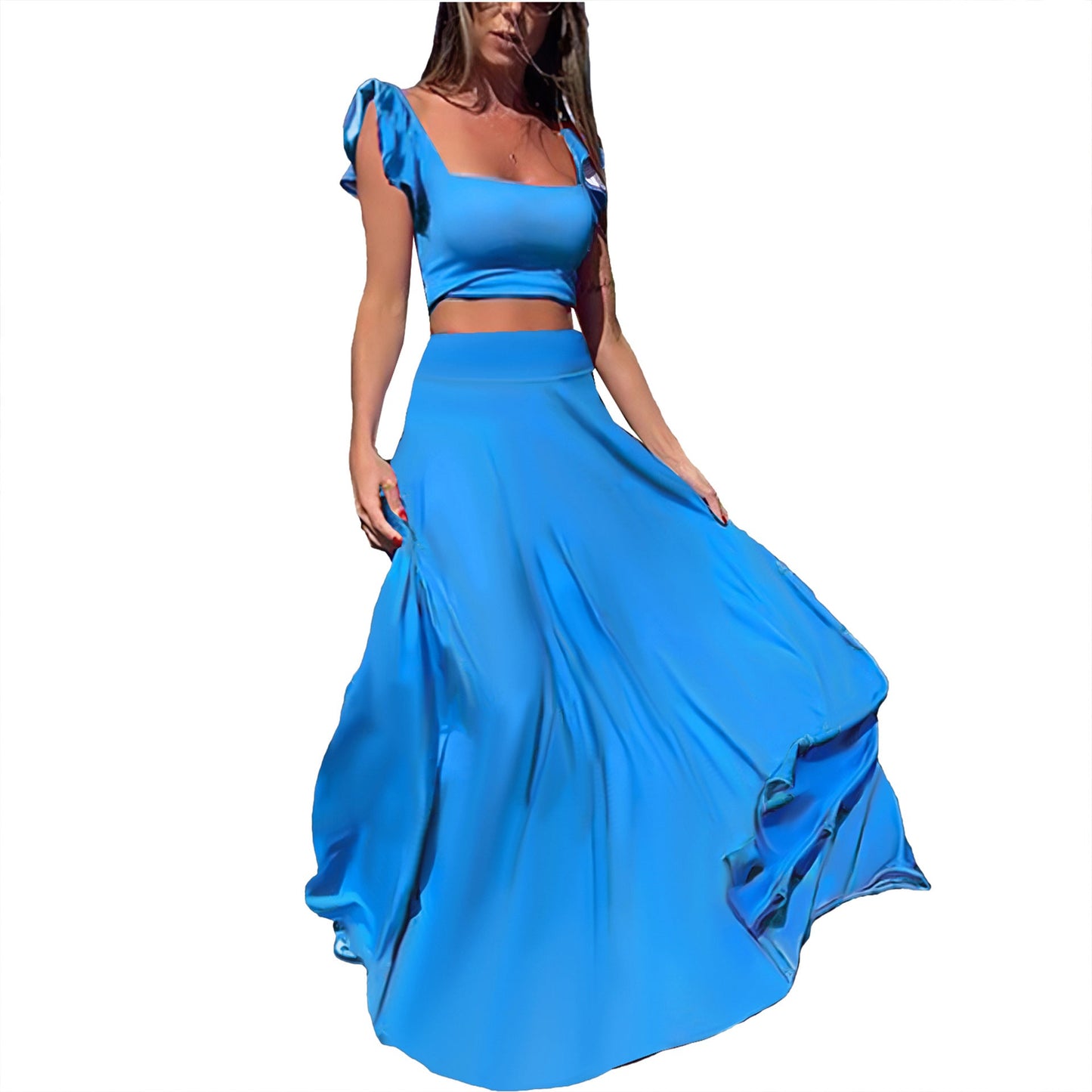 Solid color long skirt two-piece set