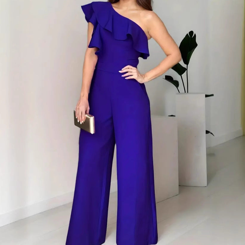 Chic Off-Shoulder High-Waisted Loose Straight-Leg Women's Jumpsuit with Ruffles