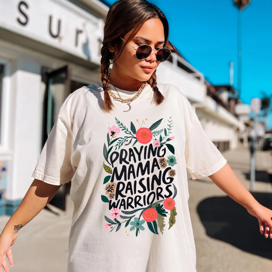 Praying Mama Raising Warriors Christian Comfort Colors Tee