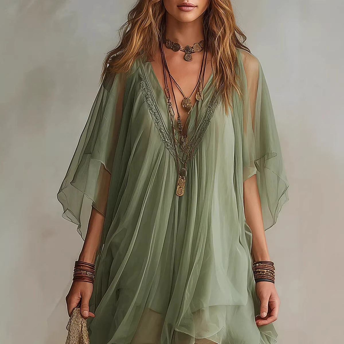 Women's V-Neck Chiffon Batwing Sleeve Boho Resort Dress
