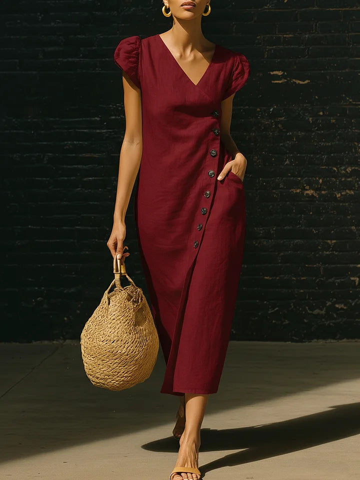 Women’s Casual V-Neck Short Sleeve Midi Dress