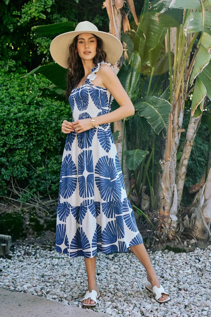 Abstract Print Smocked Bodice Tiered Lined Midi Dress