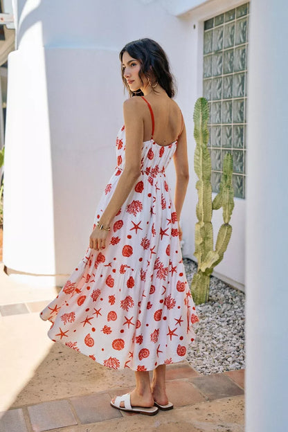 SO ME Shell Print Tiered Lined Midi Cami Dress With Belt