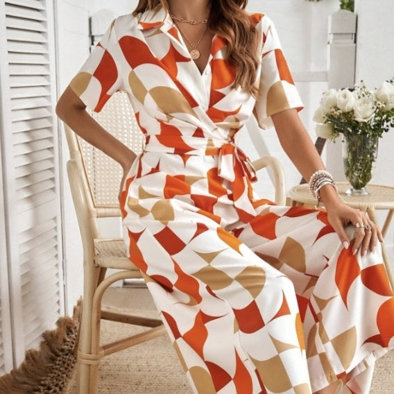 Women's Geometric Pattern Printed Lace Up Shirt Jumpsuit