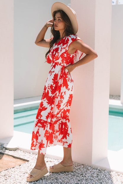 Scarlett Floral Trimmed V Neck Ruffle Sleeve Long