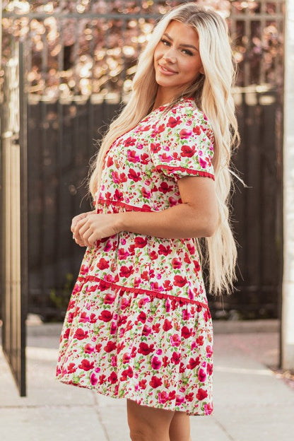 Ruby Floral Puff Sleeve Tiered Ric Rac Pocketed Mi