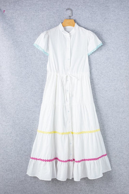 Colorblock Ricrac Trim Drawstring Waist Dress