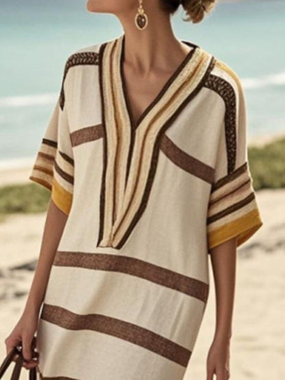 Full Size Striped Half Sleeve Midi Dress Plus Size
