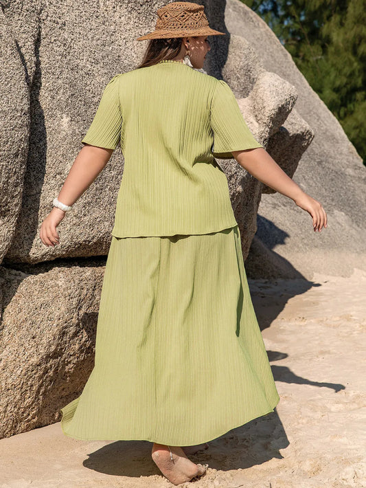 Plus Size V-Neck Half Sleeve Top and High-Low Skirt Set See size chart under “more details”