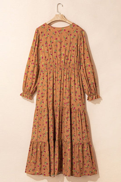 Plus Size Floral V-Neck Ruffle Sleeve Tiered Dress
