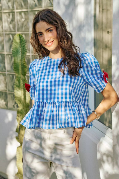 SO ME 4th Of July Gingham Ribbon Detail Short Sleeves Blouse