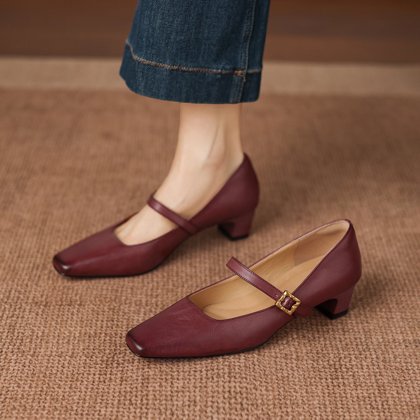 Mid-Heel Pumps - Full-Grain Leather Women's Classic Slip-On Court Shoes